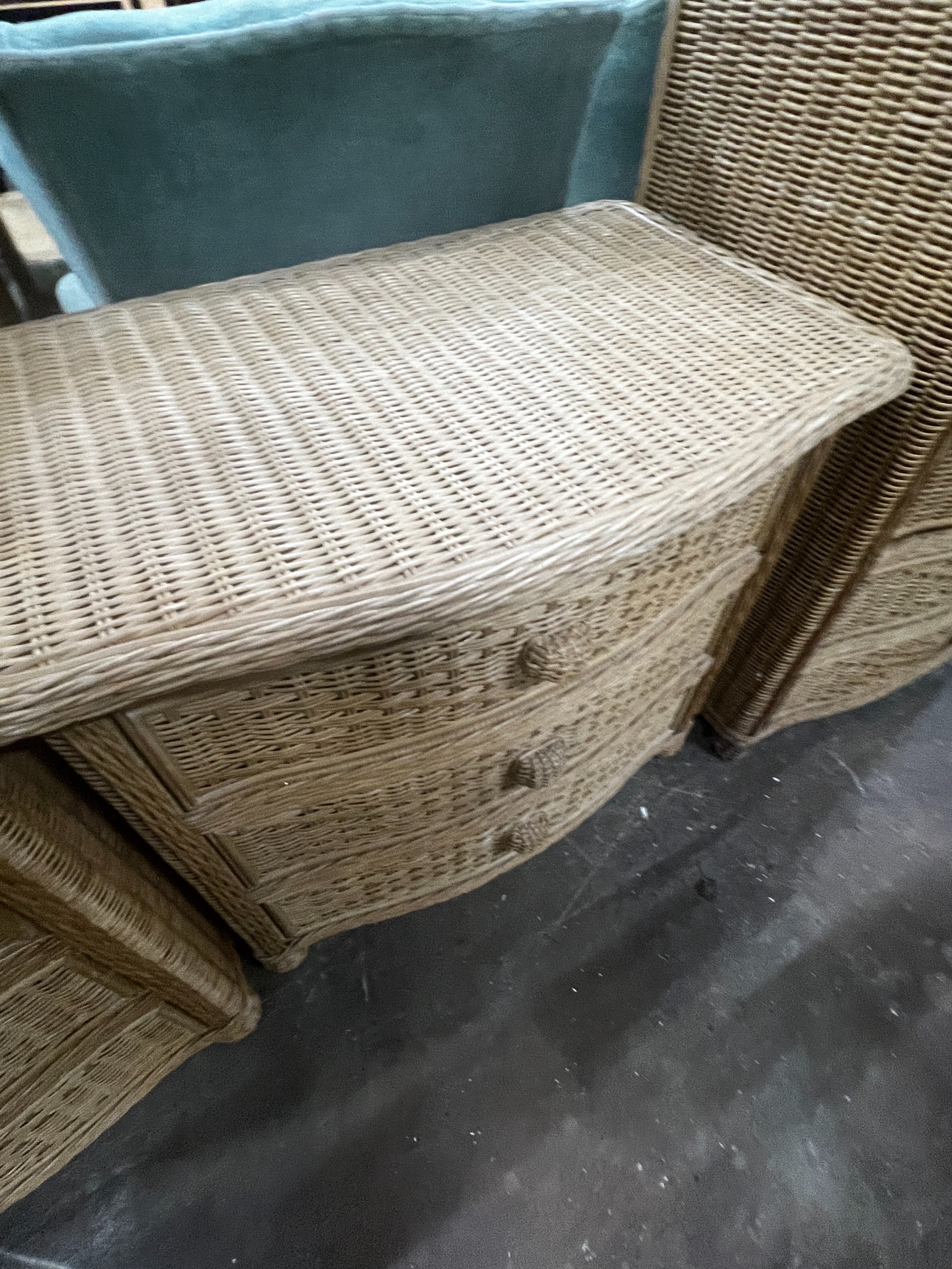 A pair of Pier furniture bowfront rattan wardrobes, width 95cm, depth 58cm, height 184cm together with a matching three drawer chest